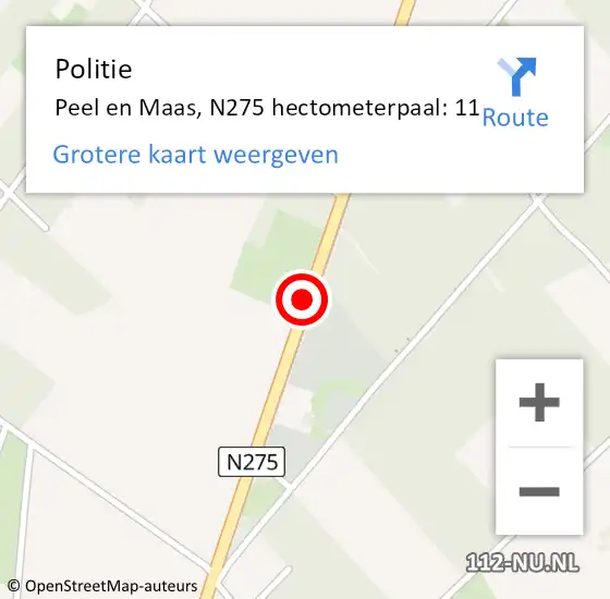 Locatie op kaart van de 112 melding: Politie Peel en Maas, N275 hectometerpaal: 11 op 2 november 2022 17:55