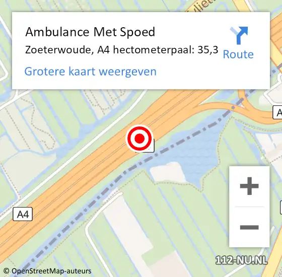 Locatie op kaart van de 112 melding: Ambulance Met Spoed Naar Zoeterwoude, A4 hectometerpaal: 35,3 op 2 november 2022 19:13