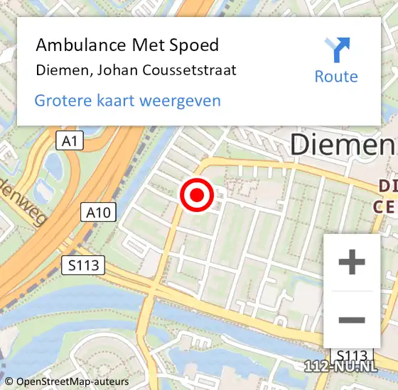 Locatie op kaart van de 112 melding: Ambulance Met Spoed Naar Diemen, Johan Coussetstraat op 2 november 2022 21:37