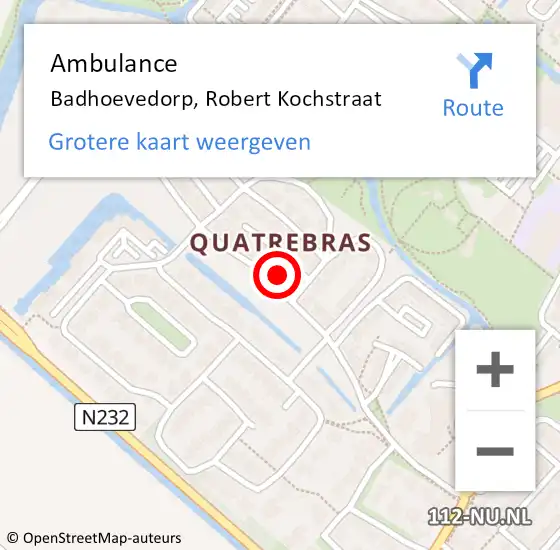 Locatie op kaart van de 112 melding: Ambulance Badhoevedorp, Robert Kochstraat op 2 november 2022 21:51