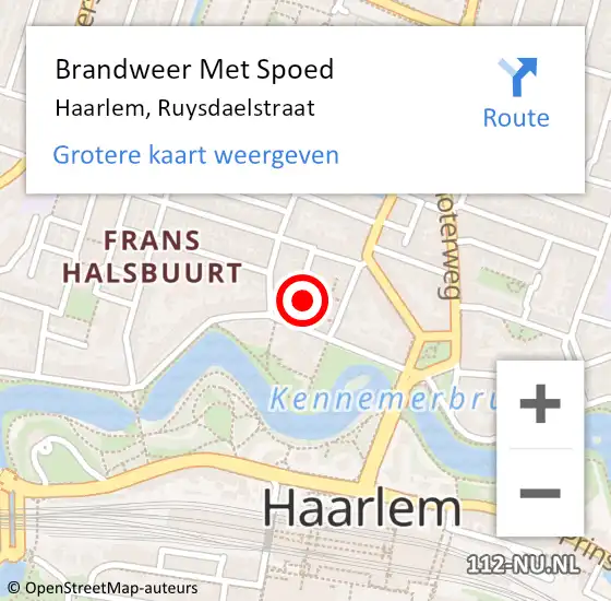 Locatie op kaart van de 112 melding: Brandweer Met Spoed Naar Haarlem, Ruysdaelstraat op 2 november 2022 23:46