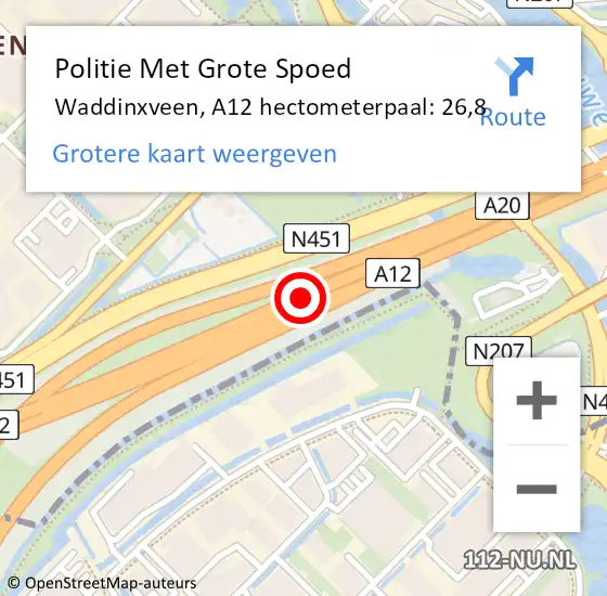 Locatie op kaart van de 112 melding: Politie Met Grote Spoed Naar Waddinxveen, A12 hectometerpaal: 26,8 op 3 november 2022 08:17