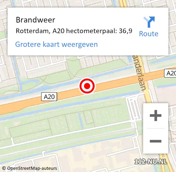 Locatie op kaart van de 112 melding: Brandweer Rotterdam, A20 hectometerpaal: 36,9 op 3 november 2022 08:19