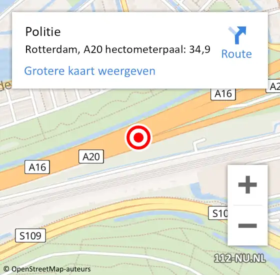 Locatie op kaart van de 112 melding: Politie Rotterdam, A20 hectometerpaal: 34,9 op 3 november 2022 08:21