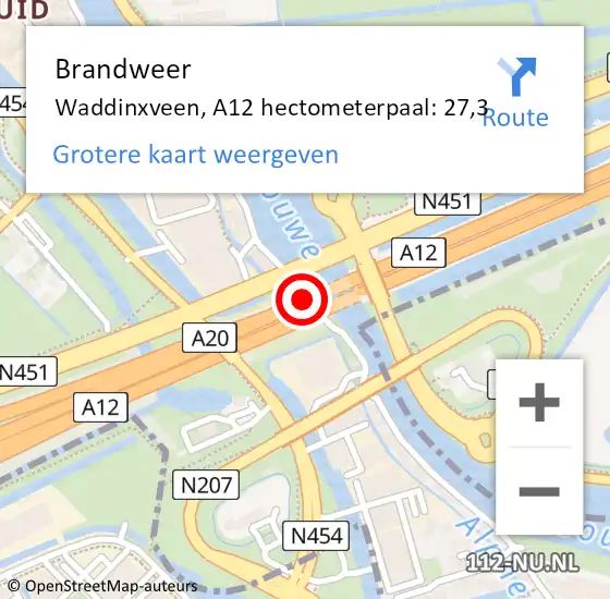 Locatie op kaart van de 112 melding: Brandweer Waddinxveen, A12 hectometerpaal: 27,3 op 3 november 2022 09:44