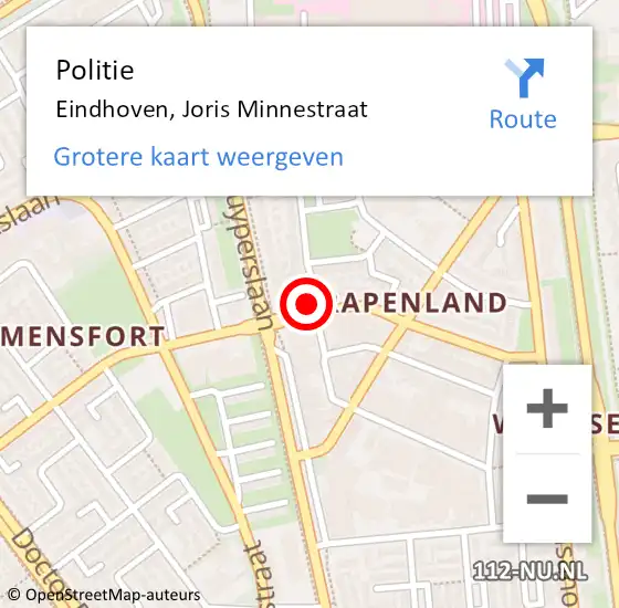 Locatie op kaart van de 112 melding: Politie Eindhoven, Joris Minnestraat op 3 november 2022 13:28