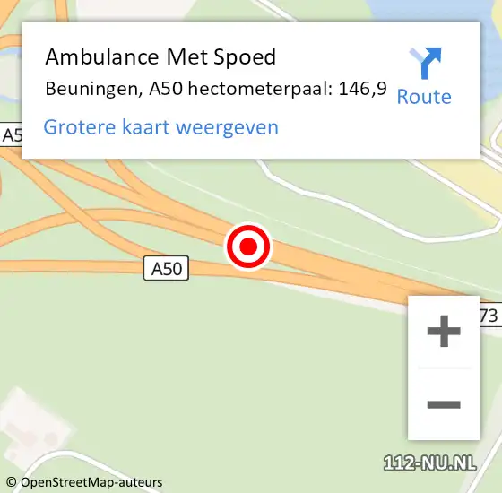 Locatie op kaart van de 112 melding: Ambulance Met Spoed Naar Beuningen, A50 hectometerpaal: 146,9 op 3 november 2022 13:55