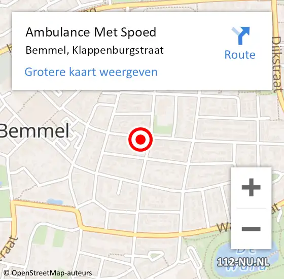 Locatie op kaart van de 112 melding: Ambulance Met Spoed Naar Bemmel, Klappenburgstraat op 3 november 2022 13:57