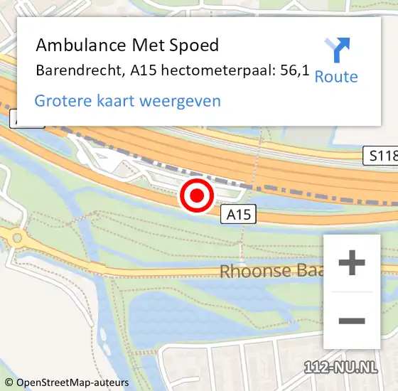 Locatie op kaart van de 112 melding: Ambulance Met Spoed Naar Barendrecht, A15 hectometerpaal: 56,1 op 3 november 2022 15:10