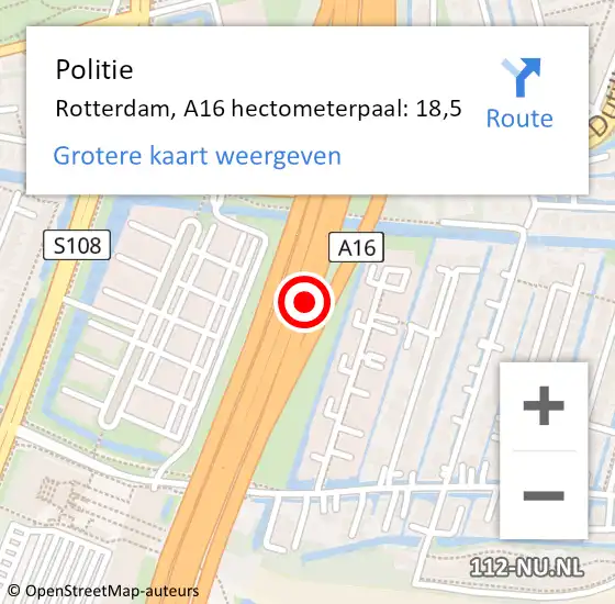 Locatie op kaart van de 112 melding: Politie Rotterdam, A16 hectometerpaal: 18,5 op 3 november 2022 15:27