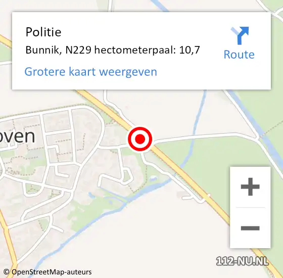 Locatie op kaart van de 112 melding: Politie Bunnik, N229 hectometerpaal: 10,7 op 3 november 2022 15:56