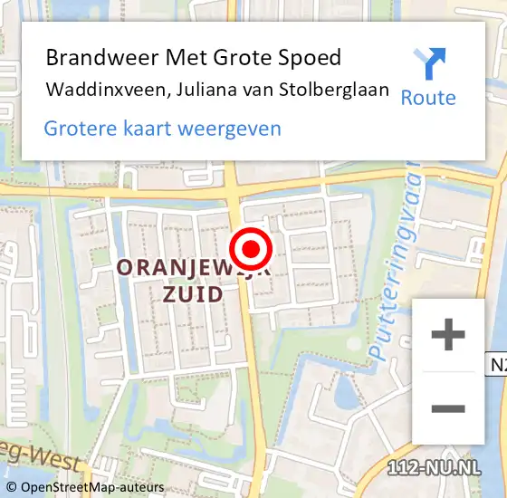 Locatie op kaart van de 112 melding: Brandweer Met Grote Spoed Naar Waddinxveen, Juliana van Stolberglaan op 3 november 2022 16:11