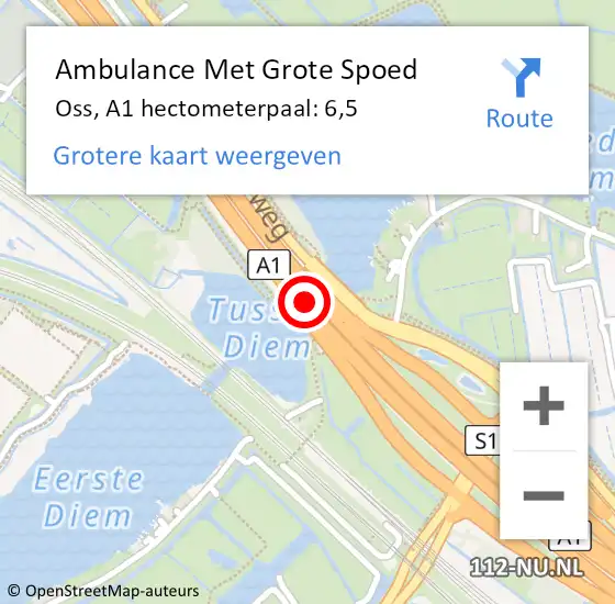 Locatie op kaart van de 112 melding: Ambulance Met Grote Spoed Naar Oss, A1 hectometerpaal: 6,5 op 3 november 2022 16:20