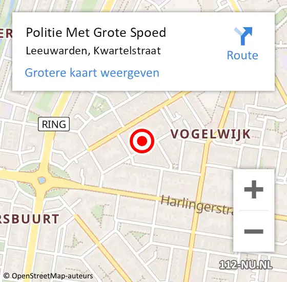 Locatie op kaart van de 112 melding: Politie Met Grote Spoed Naar Leeuwarden, Kwartelstraat op 3 november 2022 16:42