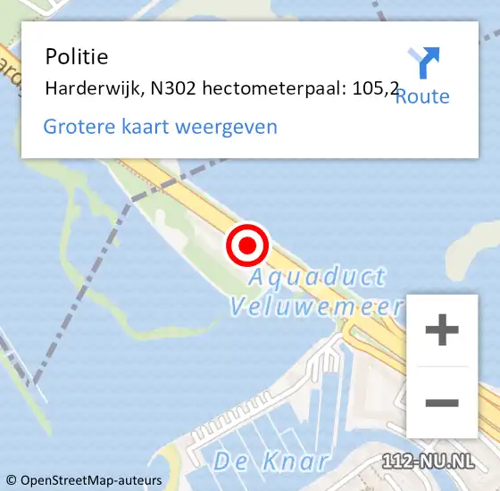 Locatie op kaart van de 112 melding: Politie Harderwijk, N302 hectometerpaal: 105,2 op 3 november 2022 16:47