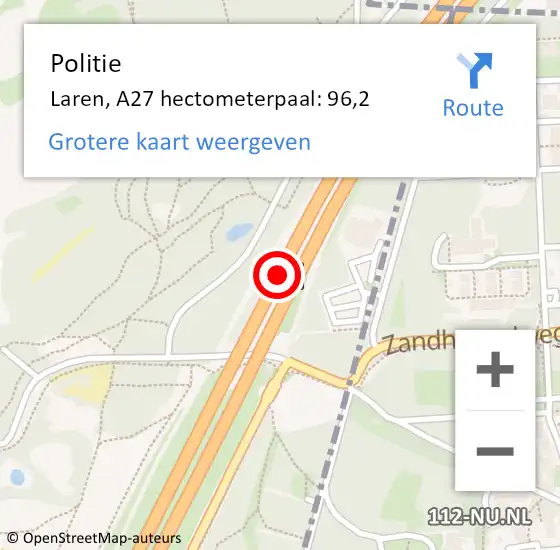 Locatie op kaart van de 112 melding: Politie Hoogeveen, A27 hectometerpaal: 96,2 op 3 november 2022 17:13