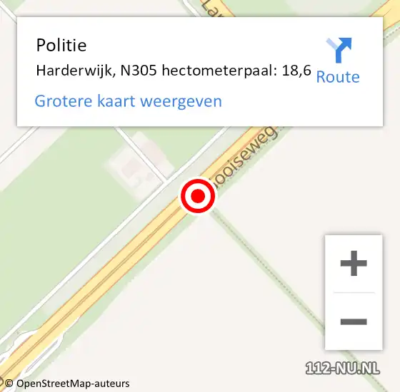 Locatie op kaart van de 112 melding: Politie Harderwijk, N305 hectometerpaal: 18,6 op 3 november 2022 17:27