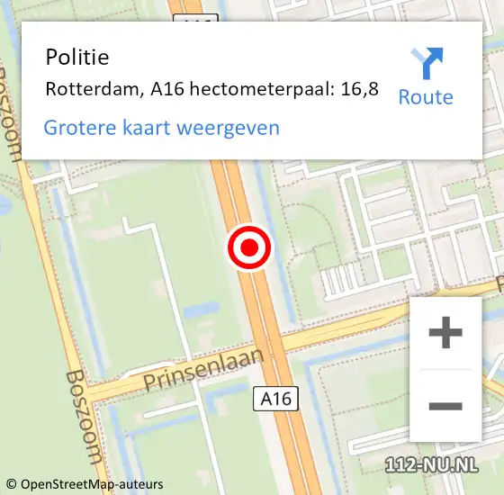 Locatie op kaart van de 112 melding: Politie Rotterdam, A16 hectometerpaal: 16,8 op 3 november 2022 17:28