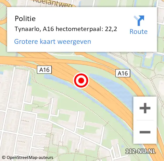 Locatie op kaart van de 112 melding: Politie Tynaarlo, A16 hectometerpaal: 22,2 op 3 november 2022 17:44
