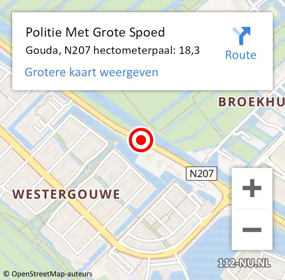 Locatie op kaart van de 112 melding: Politie Met Grote Spoed Naar Gouda, N207 hectometerpaal: 18,3 op 3 november 2022 17:46