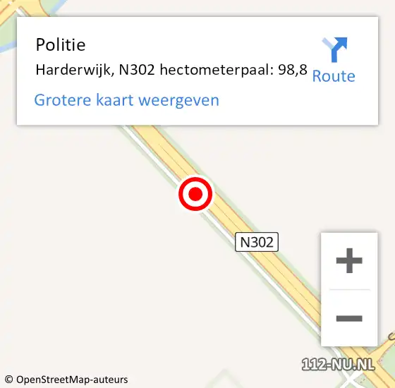 Locatie op kaart van de 112 melding: Politie Harderwijk, N302 hectometerpaal: 98,8 op 3 november 2022 17:56