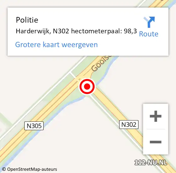 Locatie op kaart van de 112 melding: Politie Harderwijk, N302 hectometerpaal: 98,3 op 3 november 2022 18:10