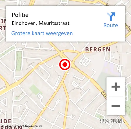 Locatie op kaart van de 112 melding: Politie Eindhoven, Mauritsstraat op 3 november 2022 19:05