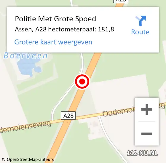 Locatie op kaart van de 112 melding: Politie Met Grote Spoed Naar Assen, A28 hectometerpaal: 181,8 op 3 november 2022 19:21