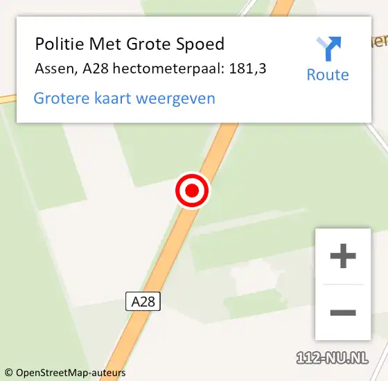 Locatie op kaart van de 112 melding: Politie Met Grote Spoed Naar Assen, A28 hectometerpaal: 181,3 op 3 november 2022 19:21