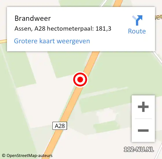 Locatie op kaart van de 112 melding: Brandweer Assen, A28 hectometerpaal: 181,3 op 3 november 2022 19:25