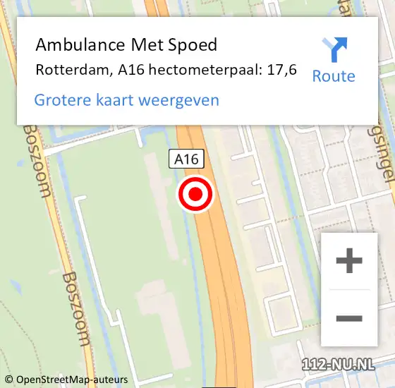 Locatie op kaart van de 112 melding: Ambulance Met Spoed Naar Rotterdam, A16 hectometerpaal: 17,6 op 3 november 2022 19:31