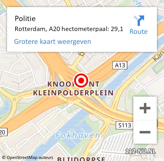 Locatie op kaart van de 112 melding: Politie Rotterdam, A20 hectometerpaal: 29,1 op 3 november 2022 20:34