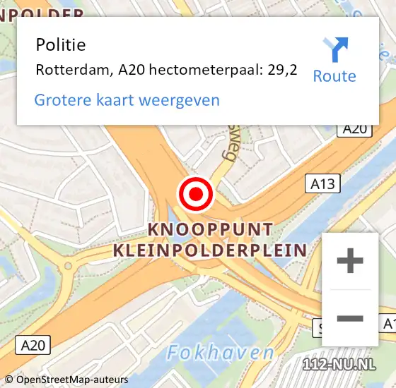 Locatie op kaart van de 112 melding: Politie Rotterdam, A20 hectometerpaal: 29,2 op 3 november 2022 20:59