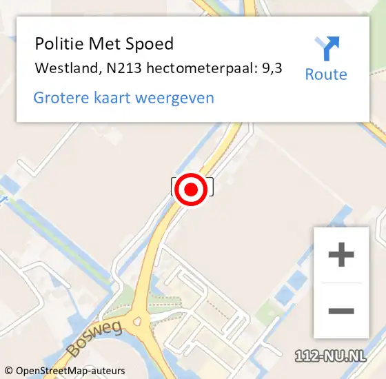 Locatie op kaart van de 112 melding: Politie Met Spoed Naar Westland, N213 hectometerpaal: 9,3 op 3 november 2022 21:57