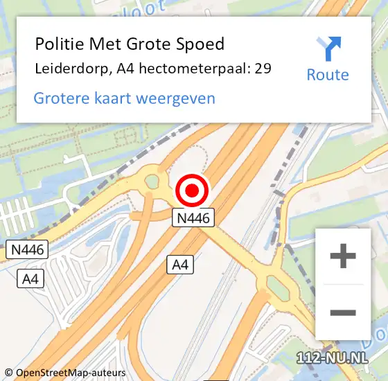 Locatie op kaart van de 112 melding: Politie Met Grote Spoed Naar Leiderdorp, A4 hectometerpaal: 29 op 3 november 2022 22:58