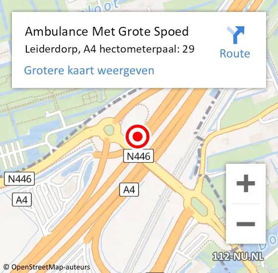 Locatie op kaart van de 112 melding: Ambulance Met Grote Spoed Naar Leiderdorp, A4 hectometerpaal: 29 op 3 november 2022 22:59