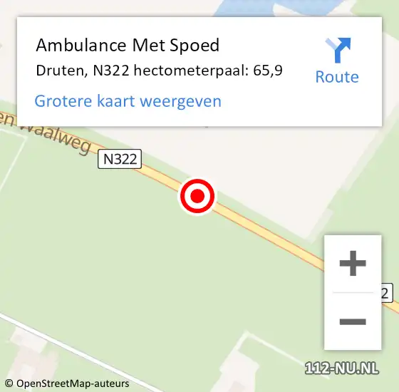 Locatie op kaart van de 112 melding: Ambulance Met Spoed Naar Druten, N322 hectometerpaal: 65,9 op 4 november 2022 02:07