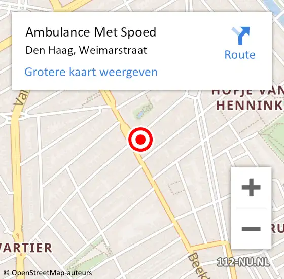 Locatie op kaart van de 112 melding: Ambulance Met Spoed Naar Den Haag, Weimarstraat op 4 november 2022 05:20