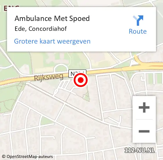 Locatie op kaart van de 112 melding: Ambulance Met Spoed Naar Ede, Concordiahof op 4 november 2022 10:42