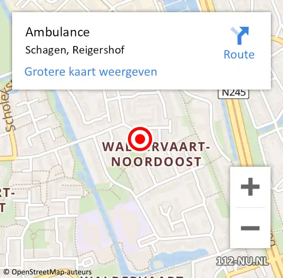 Locatie op kaart van de 112 melding: Ambulance Schagen, Reigershof op 4 november 2022 14:54