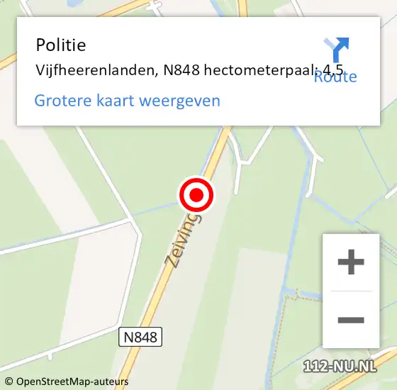 Locatie op kaart van de 112 melding: Politie Vijfheerenlanden, N848 hectometerpaal: 4,5 op 4 november 2022 16:04