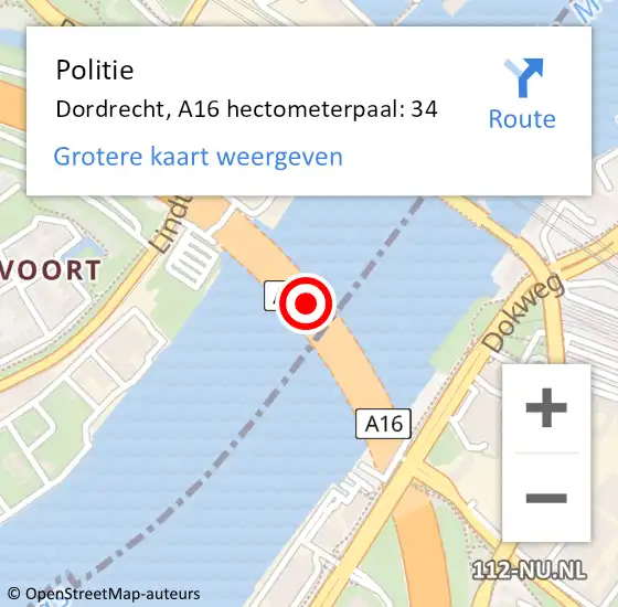 Locatie op kaart van de 112 melding: Politie Heerhugowaard, A16 hectometerpaal: 34 op 4 november 2022 17:07
