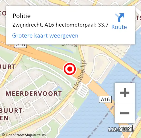 Locatie op kaart van de 112 melding: Politie Heerhugowaard, A16 hectometerpaal: 33,7 op 4 november 2022 17:11