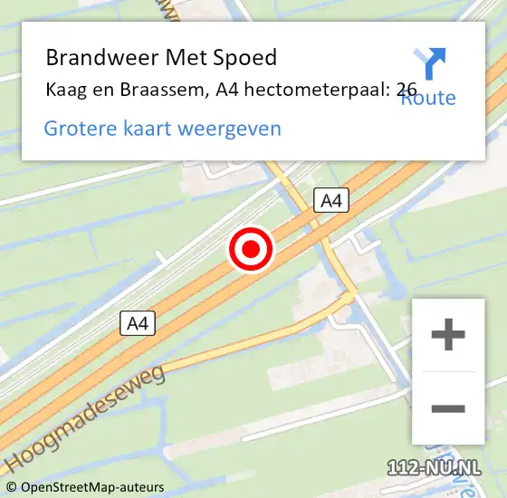 Locatie op kaart van de 112 melding: Brandweer Met Spoed Naar Kaag en Braassem, A4 hectometerpaal: 26 op 4 november 2022 17:15