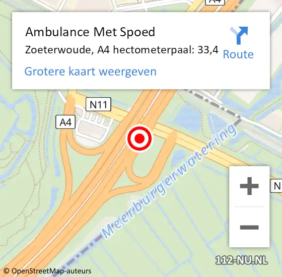Locatie op kaart van de 112 melding: Ambulance Met Spoed Naar Zoeterwoude, A4 hectometerpaal: 33,4 op 4 november 2022 17:33