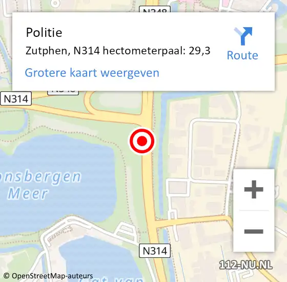Locatie op kaart van de 112 melding: Politie Zutphen, N314 hectometerpaal: 29,3 op 4 november 2022 18:32