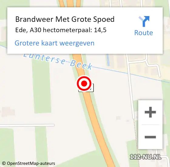 Locatie op kaart van de 112 melding: Brandweer Met Grote Spoed Naar Ede, A30 hectometerpaal: 14,5 op 4 november 2022 21:09