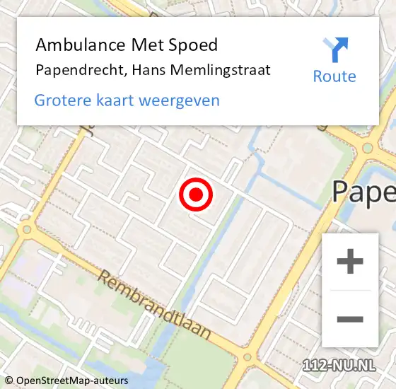 Locatie op kaart van de 112 melding: Ambulance Met Spoed Naar Papendrecht, Hans Memlingstraat op 4 november 2022 21:32