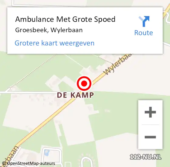 Locatie op kaart van de 112 melding: Ambulance Met Grote Spoed Naar Groesbeek, Wylerbaan op 5 november 2022 07:39