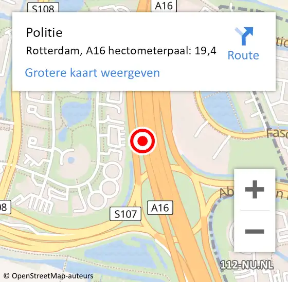 Locatie op kaart van de 112 melding: Politie Rotterdam, A16 hectometerpaal: 19,4 op 5 november 2022 10:26